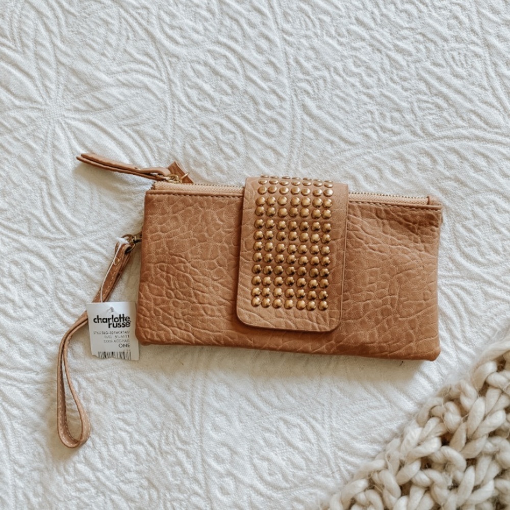 Gold embellished leather clutch